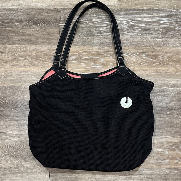 The Sak Handbags - The SAK Chic Black Tote Bag with Pink and Lime Green Polka Dot Interior